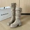 Botas altas de tacón grueso, botas de moda estilo coreano, botas de equitación, versátiles para otoño e invierno, elegantes y estilizan, botas de gamuza plisadas