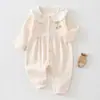 Macacão Bebê Manga Longa Algodão Puro Classe A Primavera e Outono Macacão Recém-Nascido Roupas de Engatinhar Sem Costura Estilo Marinho Camiseta Roupas de Fora