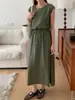 Foto Real de Vestido sin Mangas de Color Sólido, Estilo Japonés Simple y Elegante, Ceñido a la Cintura, con Drapeado, Modelo Nuevo para Verano 2026
