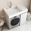 Armario compacto para lavandería de balcón con fregadero integrado, armario para lavadora de carga superior con tabla de lavar, mueble de baño