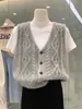 Suéter Colete Cardigan Retrô de Tricô Cinza Feminino Design de Primavera e Outono Peça de Camada Superior
