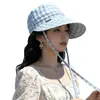 Sombrero para Mujer, Verano Algodón y Lino Transpirable Cuadros Ala Ancha Sombrero de Sol, Estilo Japonés Atado Sombrero de Protección Solar