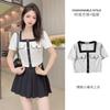 3898 verão estilo Chanel elegante moderno design rejuvenescedor cor contrastante gola quadrada manga curta chiffon costurado camisa