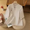 Toma Real de Verano Nuevo Estilo Chino Retro Botón de Placa de Color Contrastante Camisas Artísticas de Algodón y Lino para Mujer, Camisas de Manga Corta de Moda para Mujer