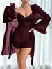 Conjunto de lingerie sexy transparente em renda estilo europeu e americano para mulheres, com mangas bufantes, uma camisola de tule e um vestido camisola - um conjunto de duas peças