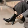 Botas Elásticas de Tacón Alto Versátiles Básicas Ajustadas de Corte Bajo Estilo Nuevo Punta Fina Francesa Tacón Grueso Cremallera Trasera Botines Cortos Botas para Mujer