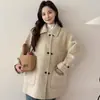 Casaco de Lã com Lapela e Bolso de Botão Cor de Damasco Feminino Outono Inverno Estilo Coreano Transfronteiriço Jaqueta de Lã de Comprimento Médio de Alta Qualidade