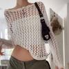 Cardigan de Tricô Grande com Recortes e Gola Redonda para Mulheres 2026 Novo Estilo Americano Cor Sólida Solto Transparente em Malha Manga Longa