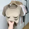 Nova camiseta canelada de manga curta com gola quadrada para o verão, blusa básica fina slim fit para mulheres, top casual versátil