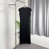 Vestido de Verano de Cintura Alta Color Sólido Commuter Empalmado Negro Midi
