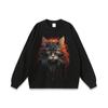 Rua Europeia e Americana vintage Flame Cat Head Impressão Lavada Velha Camiseta de manga curta para homens Retro Loose Camiseta de meia manga