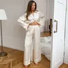 Conjunto de Pijama de Seda Helada de Lujo con Camisola, Manga Larga y Pantalón Largo para Mujer, Ropa para el Hogar, Nuevo Estilo Europeo y Americano Otoño/Invierno 2026