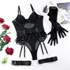 Lencería Sexy de Venta Caliente Transfronteriza Europea y Americana con Diseño de Cordones, Corte Ajustado, Guantes, Body Transparente Conjunto de Tres Piezas, Ceñido al Cuerpo, Comercio Exterior
