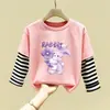 Camiseta de Manga Larga con Cuello Redondo y Parches de Algodón Puro para Niña 2026 Primavera/Otoño Nuevo Estilo Delgado Mediano/Grande Infantil Dibujos Animados Versátil