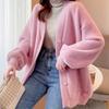 Cardigã de Tricô Veludo Imitação de Visom para Mulheres Novo Estilo Coreano Outono e Inverno Versátil Solto Aconchegante Comprimento Médio Casaco Suéter