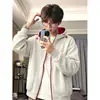 Moletom com zíper color block retrô americano, jaqueta esportiva unissex moderna de corte solto para casal, jaqueta com capuz de outono