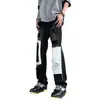 Jeans High Street Estilo Americano Masculino Casual Costura Preta e Branca Senso de Design de Nicho Calças Rasgadas Casuais Retas