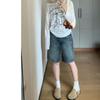 Shorts de Mezclilla Sueltos de Pierna Ancha para Mujer 2025 Negro Estilo Coreano Nuevo Cintura Alta Petite Adelgazantes