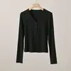 Camisa Base Feminina de Fibra de Bambu, Gola V, Botões Frontais, Manga Longa, Cor Sólida, Estilo Primavera e Outono, Roupa Feminina