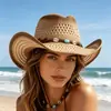 Sombrero de Paja Panama de Ala Ancha, Sombrero Vaquero de Paja Calado, Sombrero de Sol Unisex, Sombrero de Pescador Casual para Exteriores