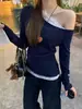 Venta al por mayor transfronteriza Otoño e Invierno Rayón Un Hombro Hombro Inclinado Encaje Manga Larga Camiseta Mujer Aspecto Adelgazante Elegante Top Interior
