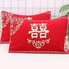 Funda de almohada de gasa roja de algodón de tres capas regalo de agradecimiento de boda funda de almohada de doble felicidad gruesa toalla de almohada de dote toalla de almohada de celebración de boda grande carácter de doble felicidad