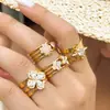Mili Versátil Flor Noble Incrustada Circonio Acero Inoxidable Resistente al Color Moda de Gama Alta Conjunto de Anillos de Joyería para Mujeres