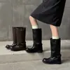 Versão em pele de ovelha fivela ajustável botas de equitação 2026 outono/inverno salto baixo grosso bico redondo couro genuíno cano alto botas longas para mulheres tamanho 42