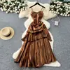 Estilo Francês Estilo Deusa Design Gola Quadrada Sem Alças Alça Cintura Franzida Vestido com Babados Vestido Feminino