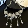 Colar choker gola feminina flor de cristal tridimensional com borla de pérola corrente para clavícula moda