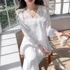 Nuevo Conjunto de Pijama de Encaje y Malla de Manga Larga y Pantalón Largo para Mujer, Ropa Casual para el Hogar, Primavera y Otoño