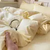 Juego de cuatro piezas de algodón lavado al agua respetuoso con la piel, lijado simple, color sólido, algodón lavado al agua, dormitorio de estudiante, juego de tres piezas para cama individual: sábana encimera, funda nórdica