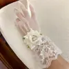 Guantes de Encaje de Malla con Borde de Red, Flor de Rosa Artificial Tridimensional, con Pedrería, para Ceremonia de Boda, Actuación en Escenario, para Mujer