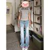 Jeans Acampanados Azul Claro de Tiro Bajo para Mujer, Nuevo Estilo Veraniego, Estilo Chica Picante, Parcheado Ajustados, Adelgazantes, Dobladillo de Encaje, Pantalones de Longitud Completa