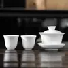 Conjunto de Chá Gaiwan de Três Peças com Tigela Única para Infusão, Gaiwan de Porcelana Branca Kung Fu, Conjunto de Chá com Canecas de Degustação de Cerâmica com Tampa para Duas Pessoas