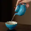 Tetera de Cerámica para el Hogar con Diseño de Ventana Floral Pintado a Mano en Rojo y Azul Estilo Dinastías Tang y Song, Juego de Té Kung Fu con Asa en Forma de Bola