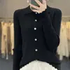 Cardigan de Punto para Mujer 2026 Primavera Nuevo Lana Fina Cuello Solapa Encaje Acanalado Botones Ajustado para Viajar
