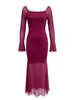 Otoño 2026 Ropa Nueva Transfronteriza Europea y Americana para Mujer Sexy Adelgazante Malla Empalmada Vestido Largo de Cola de Pez con Mangas Acampanadas