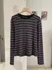KEKEZOON Camiseta de Manga Larga con Cuello Redondo de Color Contrastante a Rayas Vintage, Nueva Moda de Principios de Otoño Versátil Top Básico 8436