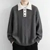 Suéter tipo polo de punto trenzado retro americano para hombre, un look de dos piezas, para otoño e invierno, corte ajustado, top de punto casual