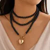 Europa e Estados Unidos transfronteiriço ins pingente de amor de metal colar de pérolas artificiais moda enrolamento multicamada corrente de clavícula com contas colar