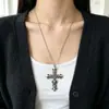 Colar Cruz Esculpida Estilo Gótico Americano, Corrente Dupla Doce e Cool com Contas de Cristal, Colar para Suéter, Acessório Único