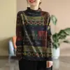 Tricô de Algodão Estampado Vermelho Retrô Feminino 2026 Nova Coleção Primavera/Outono Suéter Gola Semifechada Camada Base