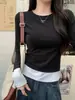 Camiseta de Manga Larga Ajustada con Cuello Redondo Otoño 2024 para Mujer Diseño Falso de Dos Piezas Color Chic de Nicho Estilo Casual Versátil