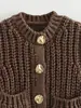 Novidades Outono e Inverno 2024 Moda de Rua Suéter Colete Gola Redonda Colete Tricotado com Ponto Grosso Colete Cardigan Tricotado Sem Mangas