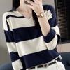 Suéter Rayado con Solapa Primavera y Verano Tops Transfronterizos para Mujer Estilo Dulce Suelto Algodón Mangas Tres Cuartos