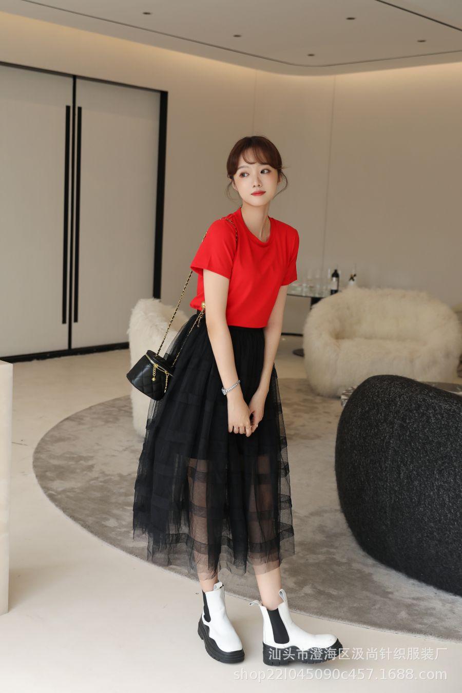 四季百搭秋季黑色黑天鹅纯色高腰网纱蓬蓬裙A字裙半身