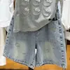 Conjunto de Ropa de Verano para Niñas Nuevo Brillante Láser Gato KT Camiseta de Manga Corta Jeans Bordados con Pedrería Conjunto de Dos Piezas