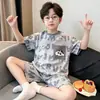Pijama Infantil para Niños, Verano Delgado Tipo Algodón Cuello Redondo Manga Corta Shorts, Conjunto de Ropa de Casa de Dibujos Animados para Niños Mayores
