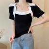 2026 Primavera/Verão Novo Design de Gola Quadrada Manga Curta Malha Top Moda Feminina Estilo Coreano Bloco de Cores Slim Fit Top